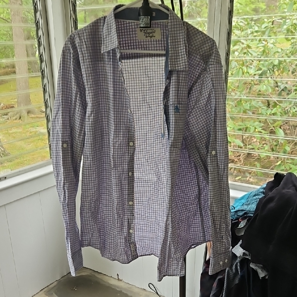 Purple and White Checkered Button-Up Penguin Shirt, Tags Still Attached